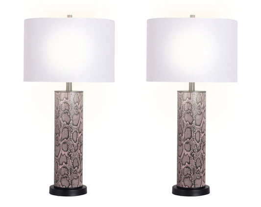 "Serpent Elegance" Faux Leather Table Lamp With Metal Base (Set of 2) - Snake Skin / Asb Gray