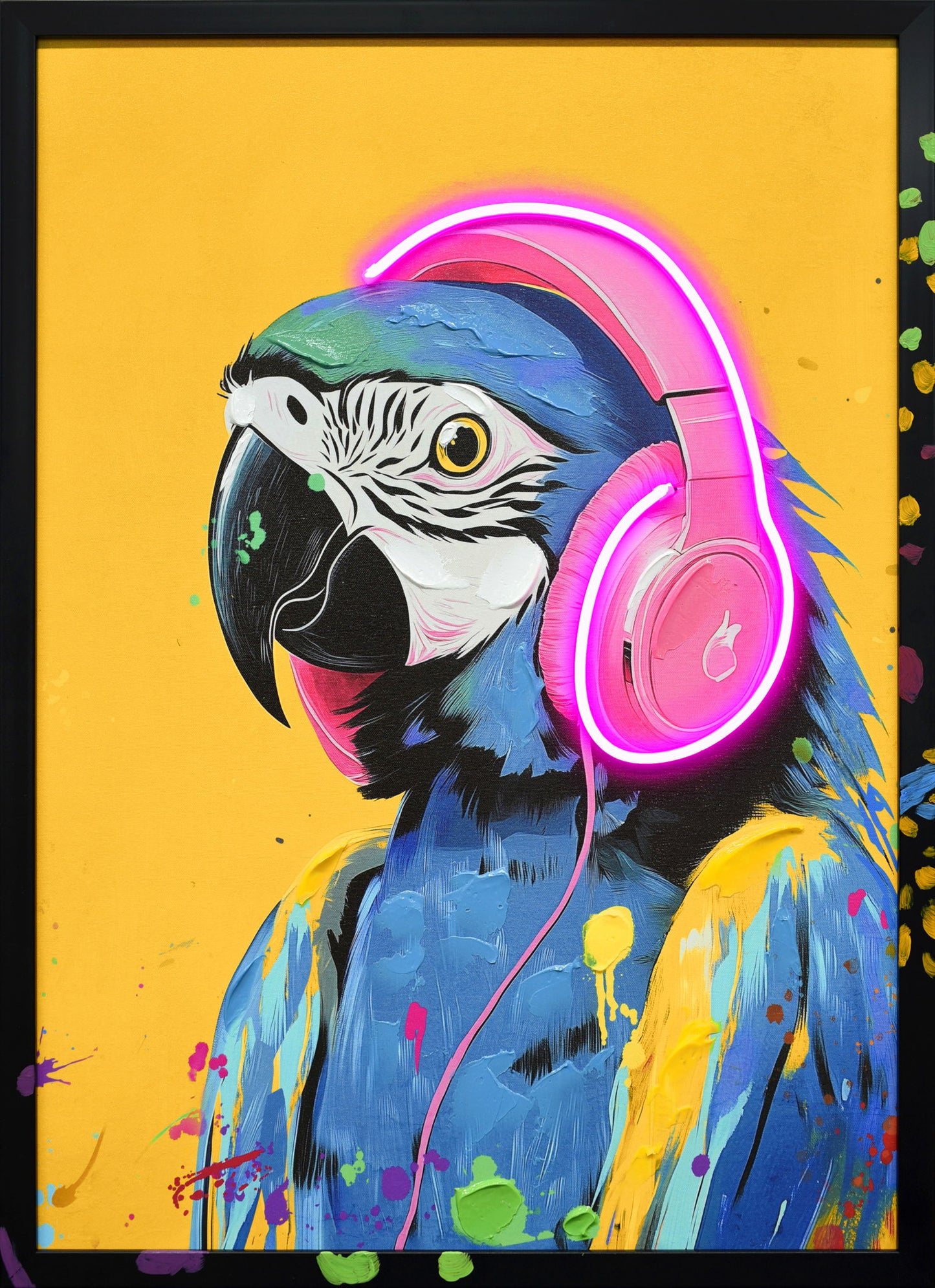 Neon Beats Macaw - 21" x 29" Framed Wall Art - Yellow