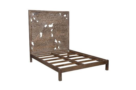 Dahlia Balinese Floral Motif Hand-Carved Mango Wood Queen Bed