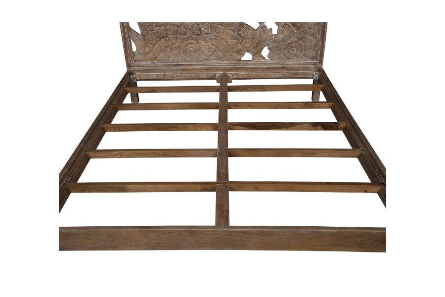 Dahlia Balinese Floral Motif Hand-Carved Mango Wood Queen Bed