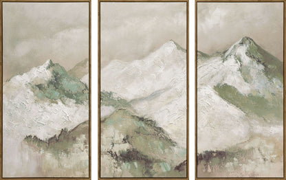Sage Summit - 60 X 40 - Hand-Embellished Canvas Triptych In Frame - Ivory, Sage Green, Beige