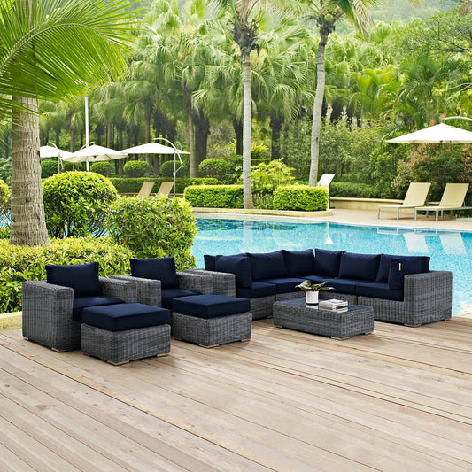 Summon 10 Piece Gray Outdoor Patio Navy Sunbrella® Sectional Set