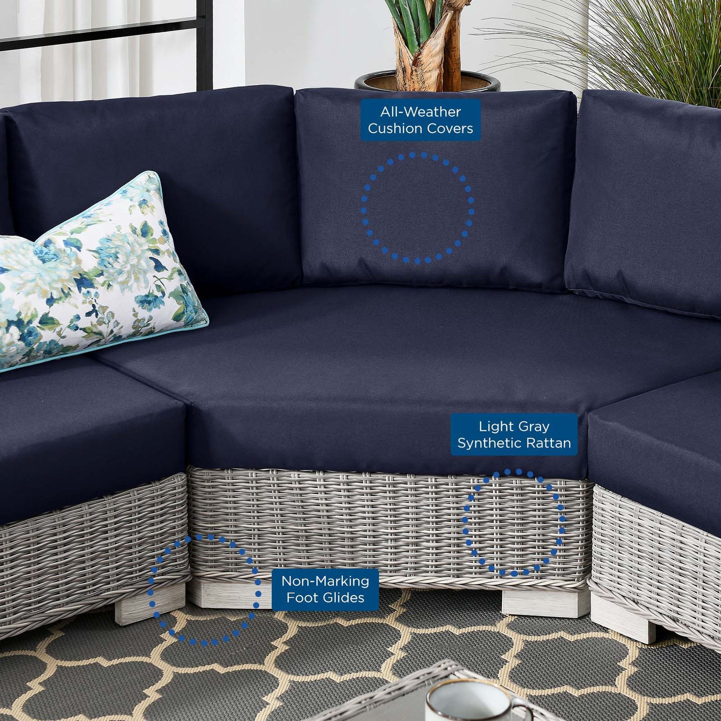 Conway Outdoor Patio Wicker Rattan 6-Piece Navy Sectional Sofa Furniture Set