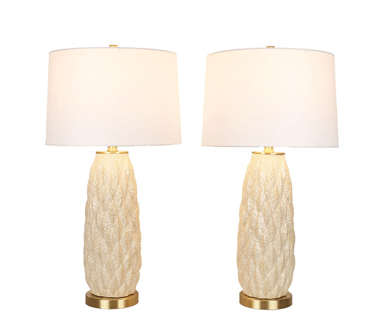 Textured Leaves Carved Ceramic & Metal Table Lamp (Set of 2) - Beige / Soft Gold
