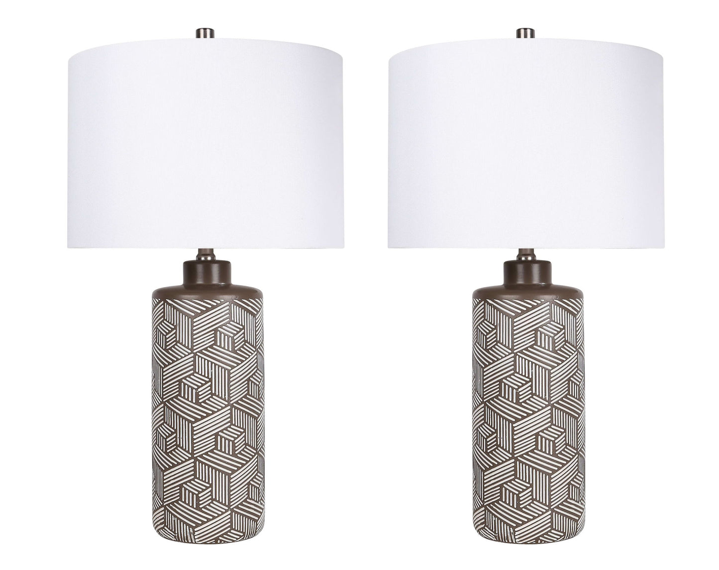"Geometric Harmony" Ceramic Table Lamp (Set of 2) - Brown / White