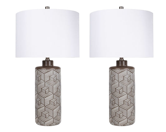 "Geometric Harmony" Ceramic Table Lamp (Set of 2) - Brown / White