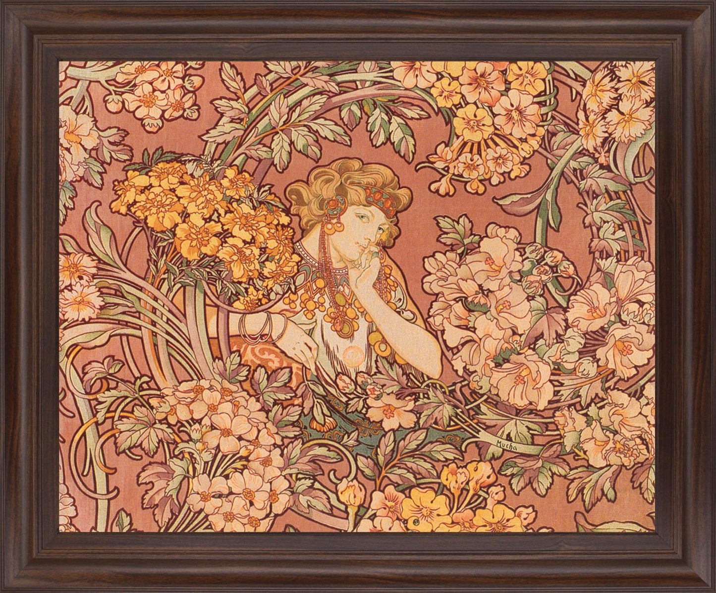 Whimsical Blossom Muse - 28" x 34" Framed Wall Art - Light Brown