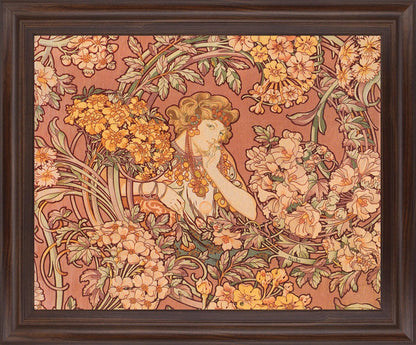 Whimsical Blossom Muse - 28" x 34" Framed Wall Art - Light Brown