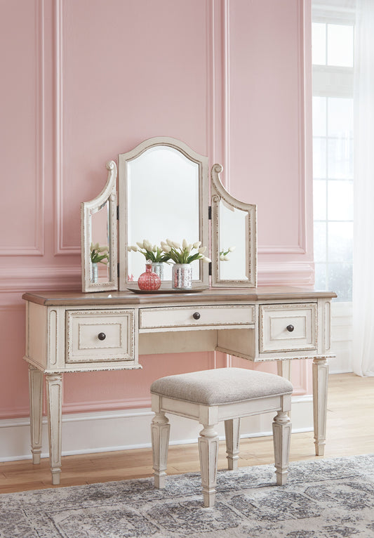 Realyn - Vanity/Mirror/Stool (Set of 3) - White / Brown / Beige