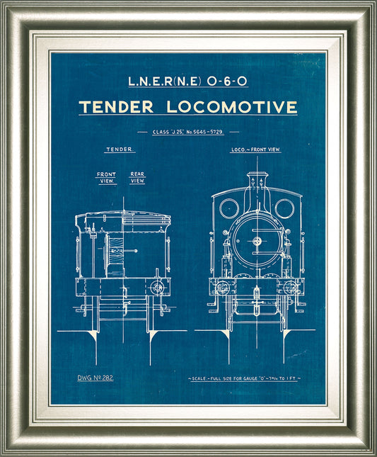 Locomotive Blueprint III By Wild Apple Portfolio - Framed Print Wall Art - Blue