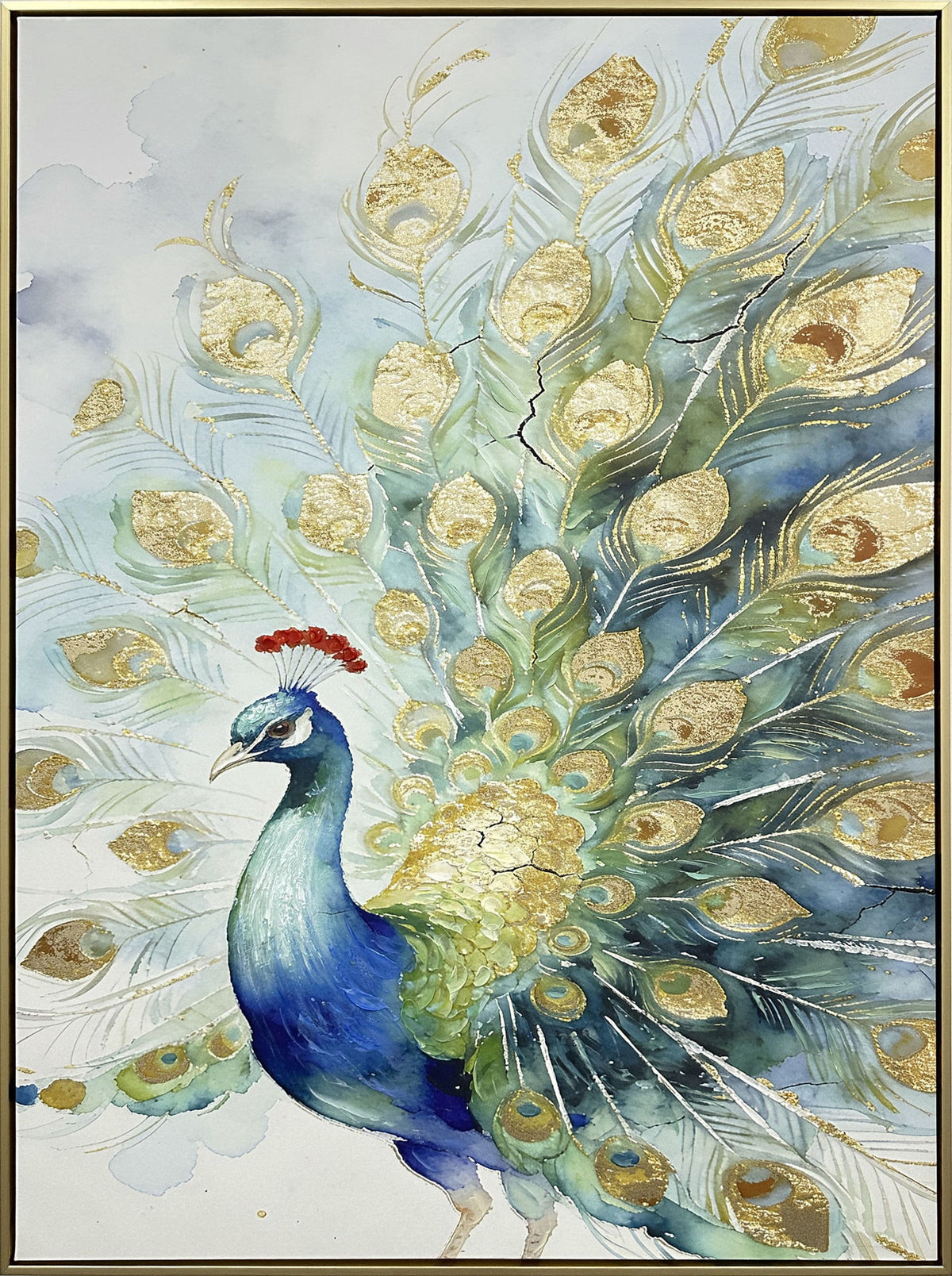 Peacock Promenade - 30 X 39 - Hand-Embellished Canvas In Frame - Blue
