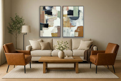 32x47 Hand Painted Textured Canvas in Frame (Set of 2) - Beige