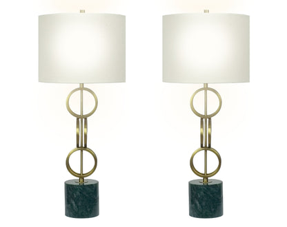 "Marble Harmony" Metal Table Lamp On Marble Base (Set of 2) - Green Marble / Matte Golden Bronze