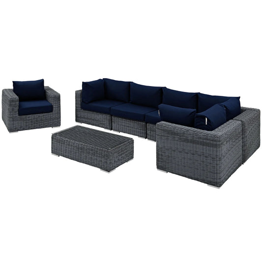 Summon 7 Piece Gray Outdoor Patio Navy Sunbrella® Sectional Set