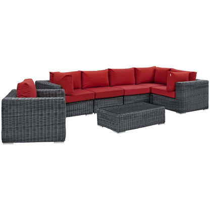 Summon 7 Piece Gray Outdoor Patio Red Sunbrella® Sectional Set