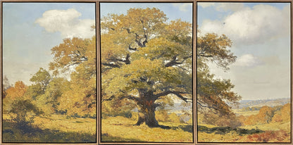 Beneath The Amber Boughs - 24 X 30 - Hand-Embellished Canvas Triptych In - Gold, Green, Pale Blue