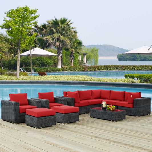 Summon 10 Piece Gray Outdoor Patio Red Sunbrella® Sectional Set