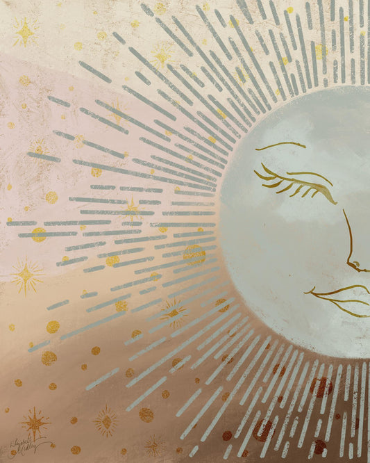 Celestial Blue Sun By Elizabeth Medley (Framed Small) - Light Brown