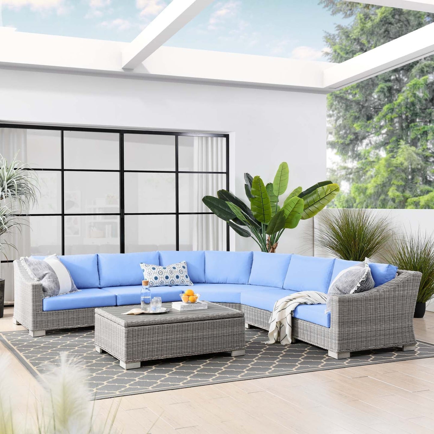 Conway Outdoor Patio Wicker Rattan 6-Piece Light Blue Sectional Sofa Furniture Set