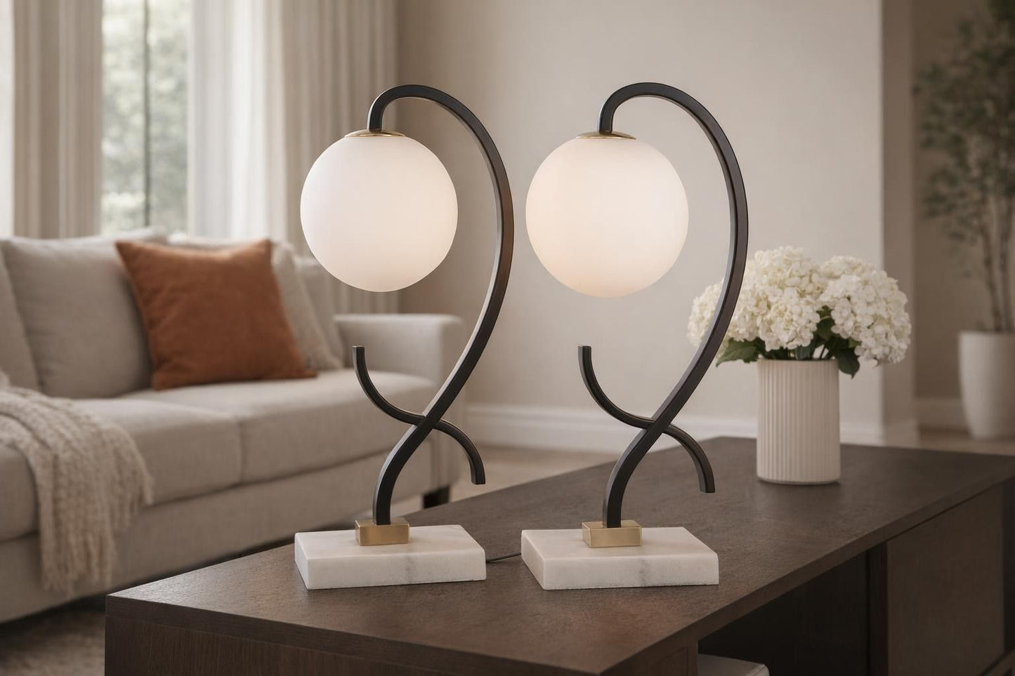 Lunar Loop Metal & Marble Accent Lamp (Set of 2) - Matte Black / White