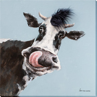 Curious Cow Hand-Embellished Wrapped Canvas With Fabric - Black / Blue