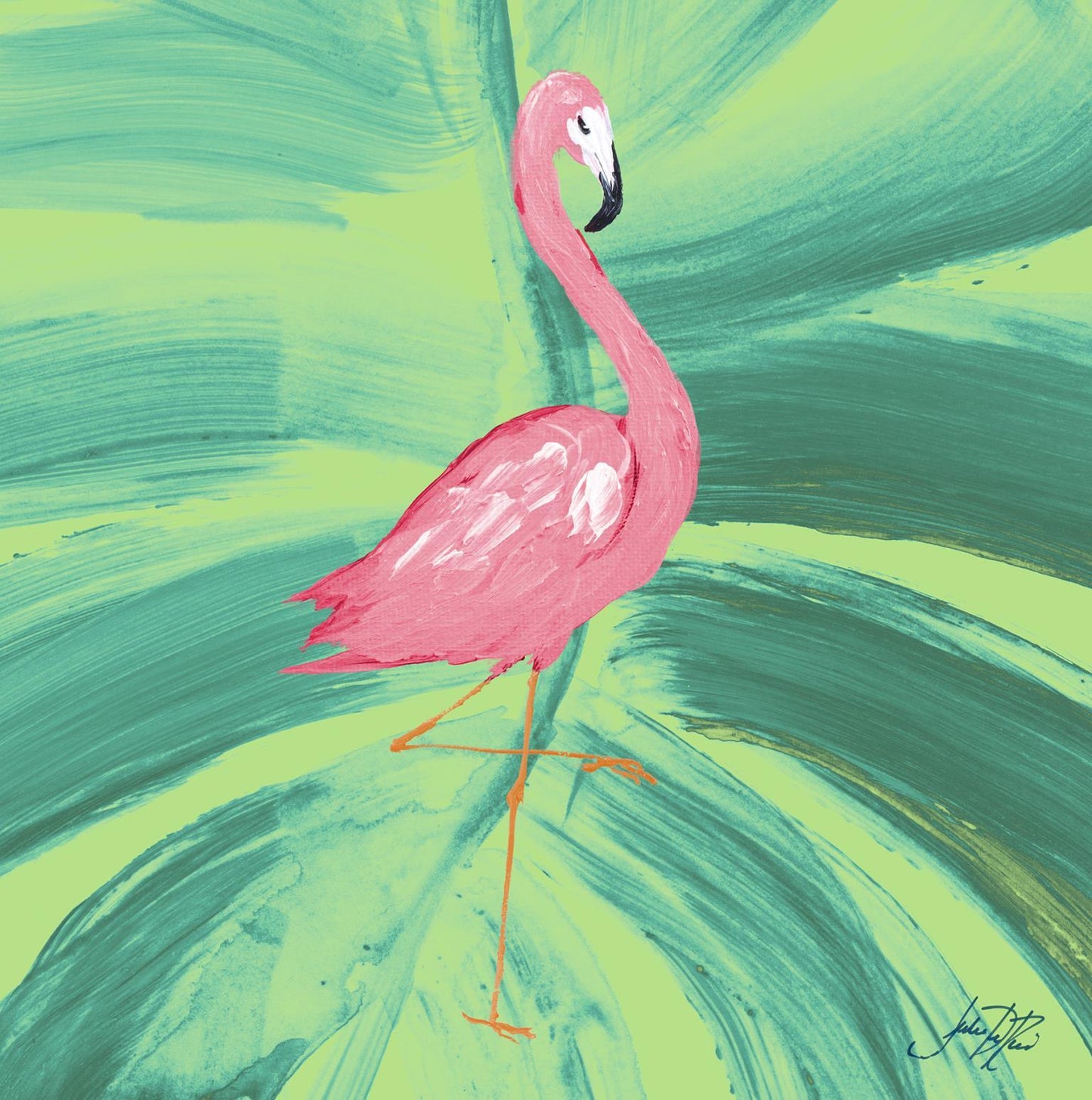 Fancy Flamingo On Palm By Julie Derice - Green