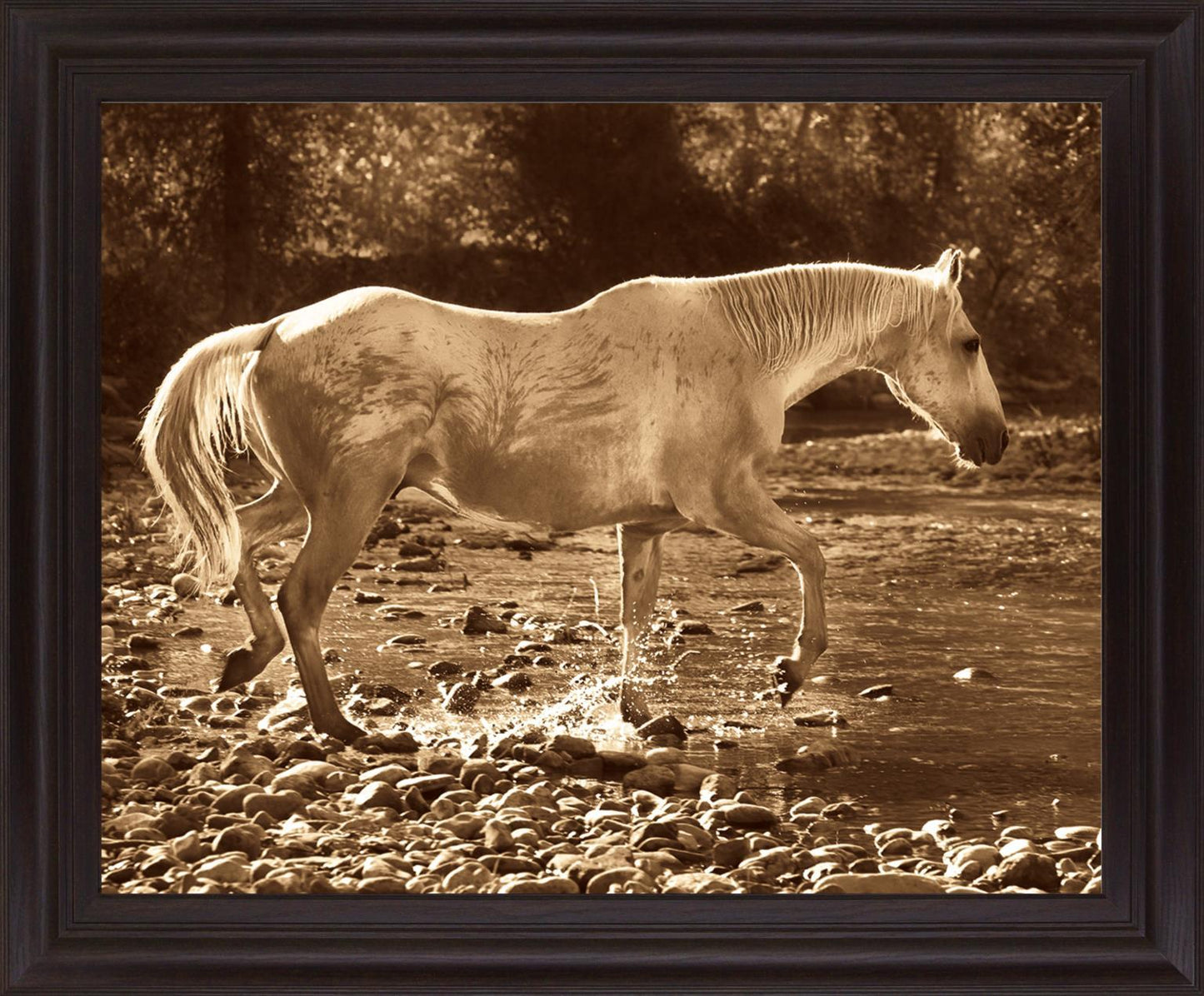 Sepia River Stroll - 28" x 34" Framed Wall Art - Dark Brown