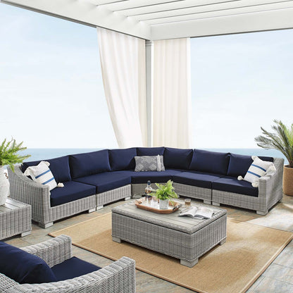 Conway Navy Sunbrella® Outdoor Patio Wicker Rattan 6-Piece Light Gray Sectional Sofa Set