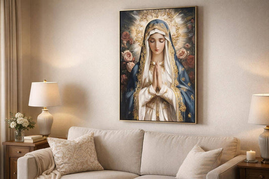 Sacred Bloom I Hand-Embellished Canvas In Frame - Blue / Ivory