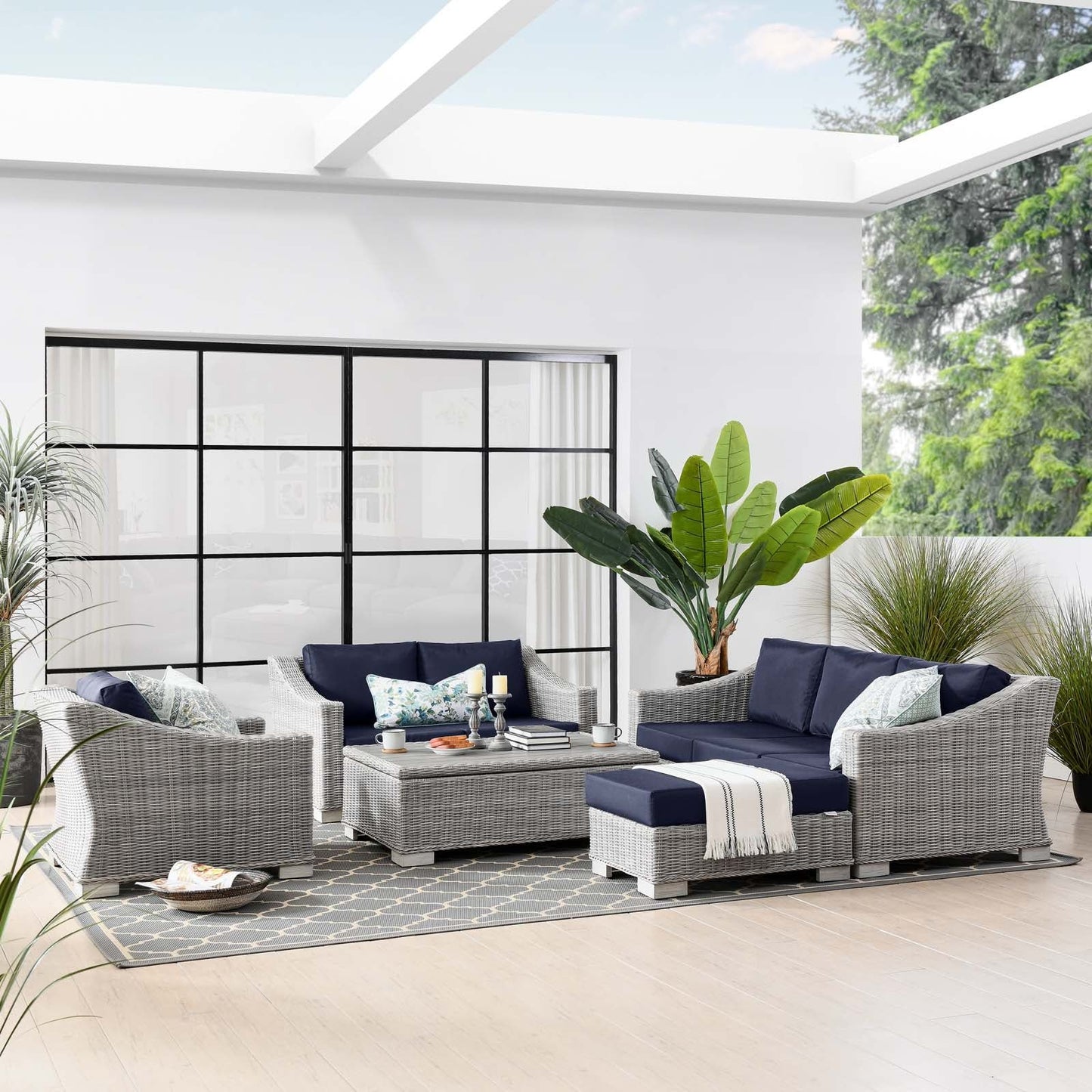 Conway 5-Piece Navy Outdoor Patio Wicker Rattan Furniture Set