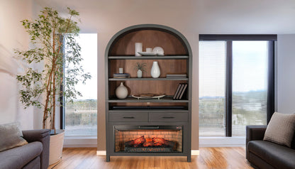 Arched Display Cabinet With Log-Style Electric Fireplace - Urban Bronze