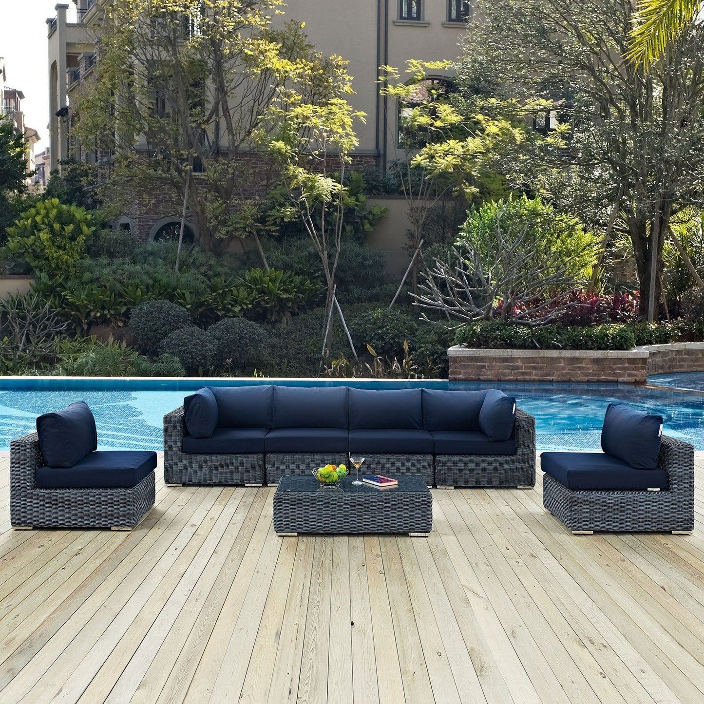 Summon 7 Piece Outdoor Patio Navy Sunbrella® Sectional Set