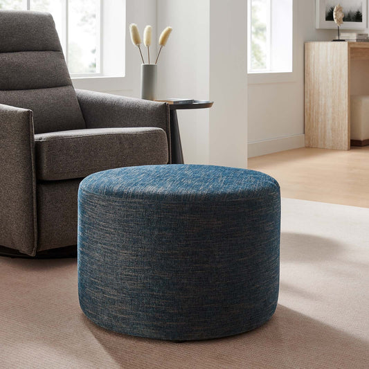 Callum Large 23in Round Heathered Weave Fabric Upholstered Ottoman