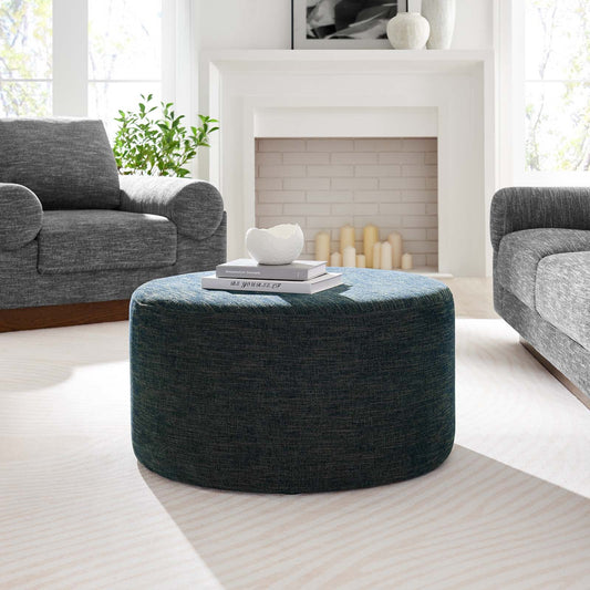 Callum Large 29in Round Heathered Weave Fabric Upholstered Ottoman