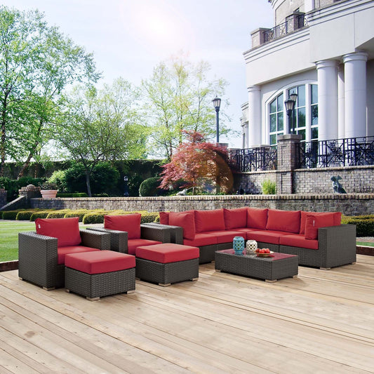 Sojourn 10 Piece Charcoal Outdoor Patio Red Sunbrella® Sectional Set