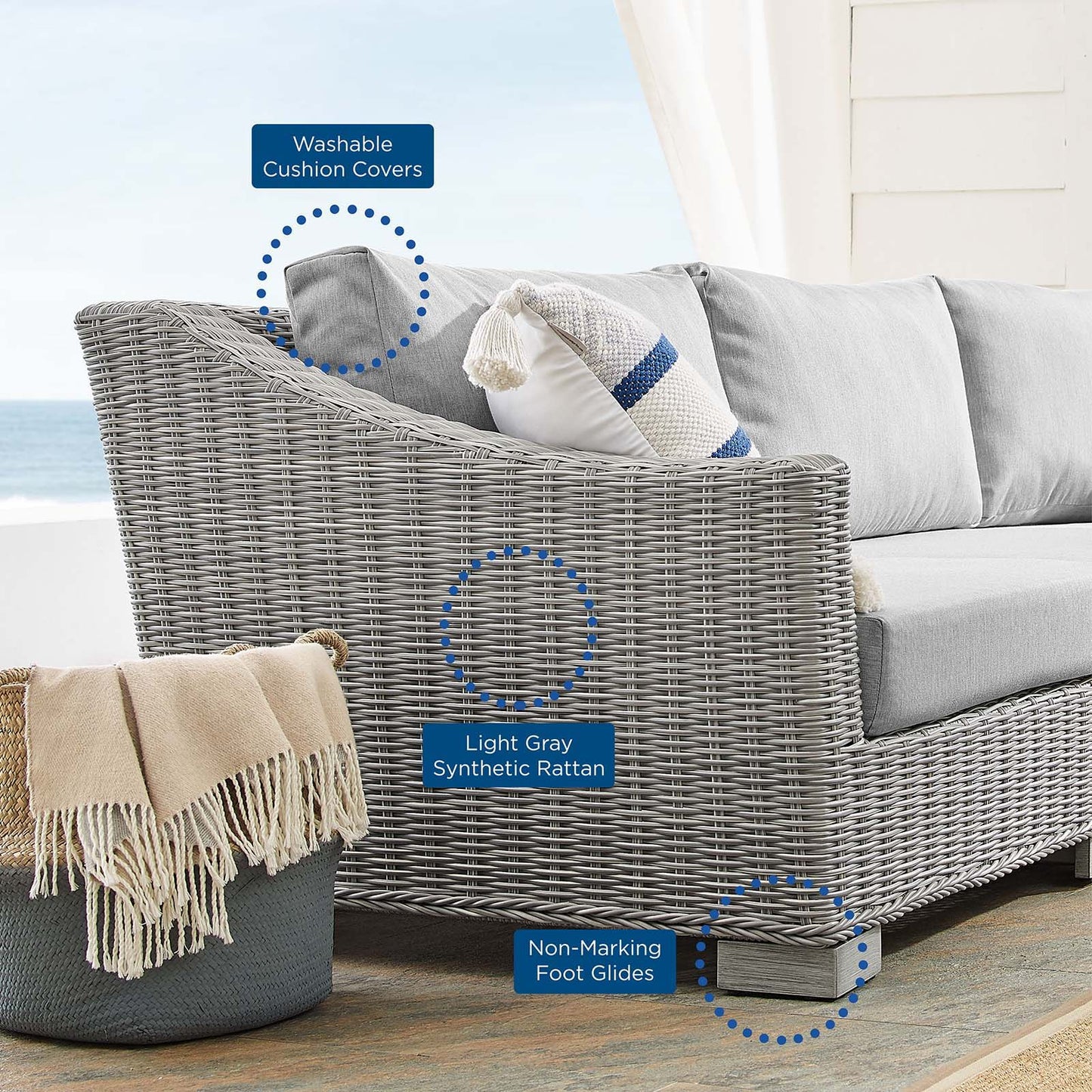 Conway Gray Sunbrella® Outdoor Patio Wicker Rattan 5-Piece Light Gray Sectional Sofa Set