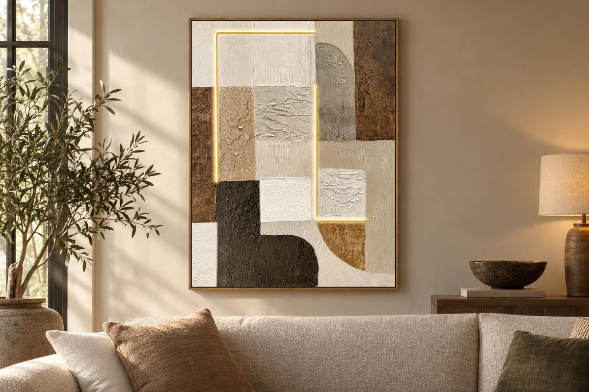 Earthen Circuit I - 35 X 47 - Hand-Embellished Neon Canvas In Frame - Beige