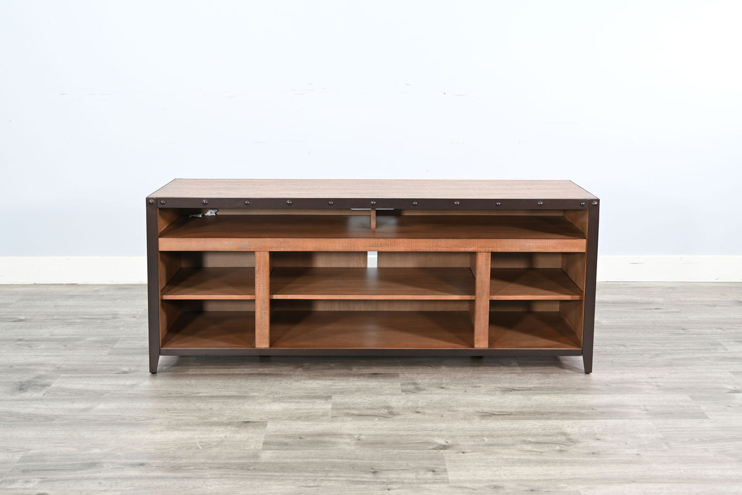 Industrial TV Stand With Open Shelving And Metal Accents - Antique Brown