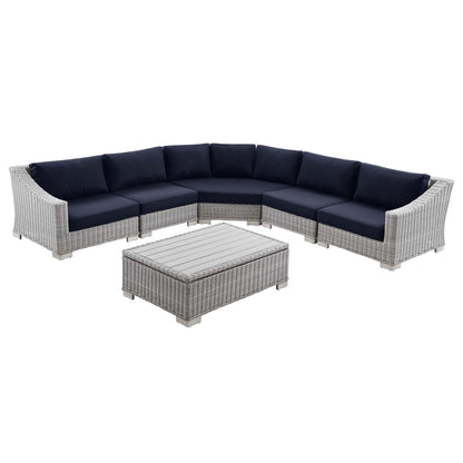 Conway Outdoor Patio Wicker Rattan 6-Piece Navy Sectional Sofa Furniture Set