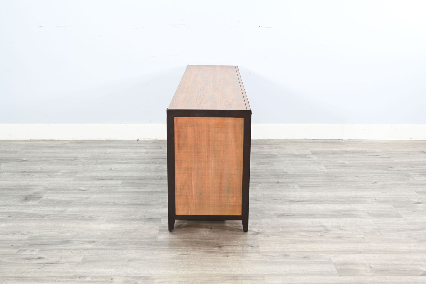 Industrial TV Stand With Open Shelving And Metal Accents - Antique Brown