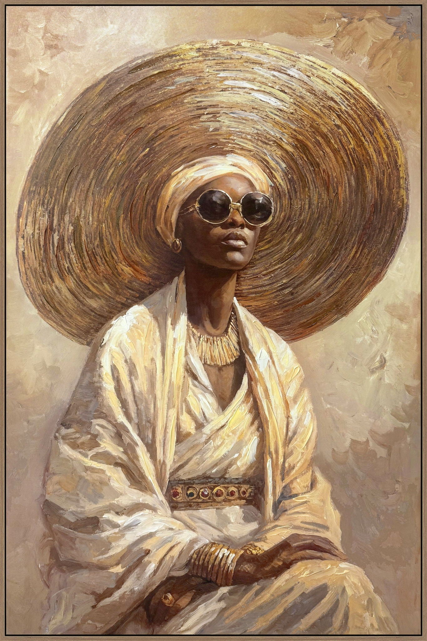 Sunlit Muse I Hand-Embellished Canvas In Frame - Beige / Brown