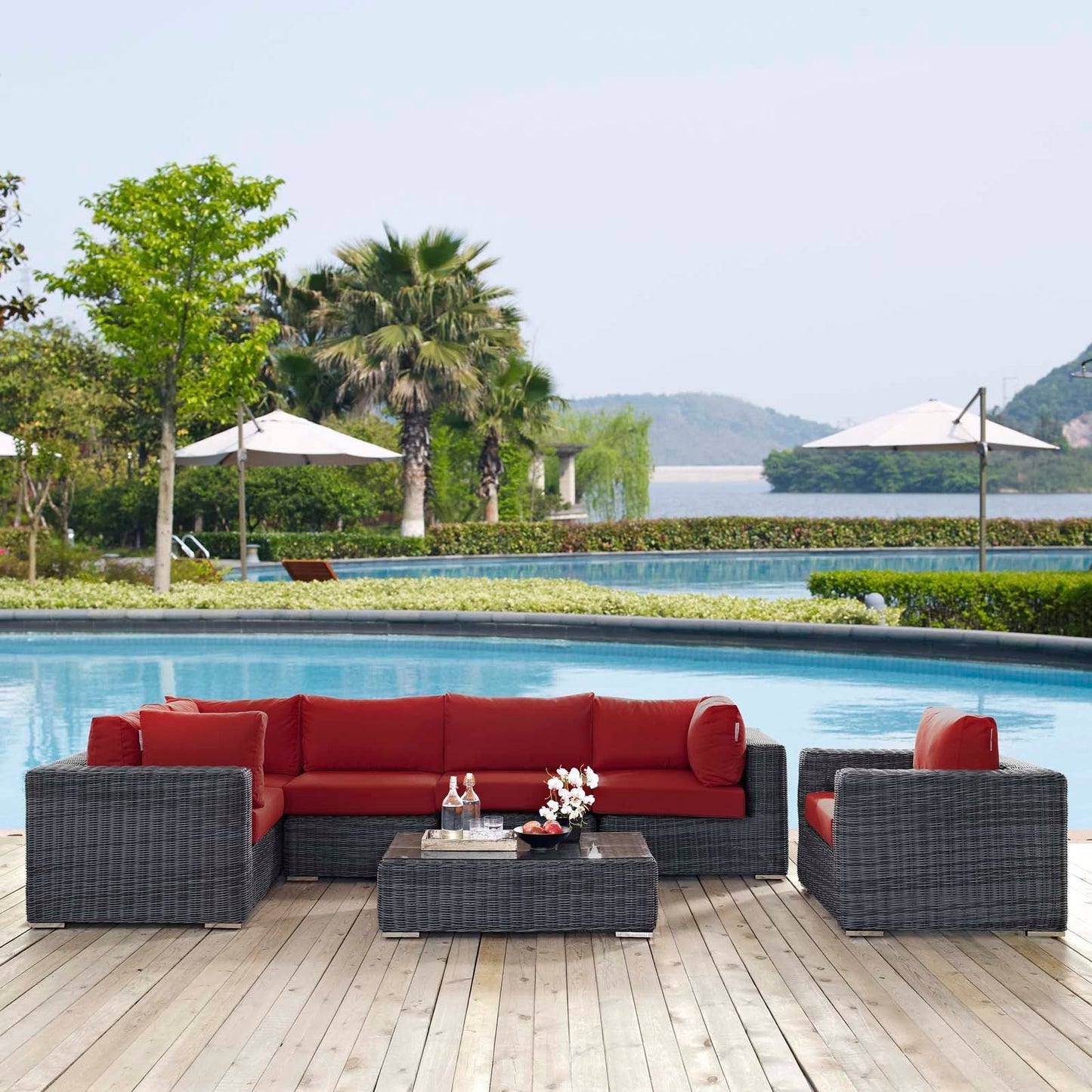 Summon 7 Piece Gray Outdoor Patio Red Sunbrella® Sectional Set