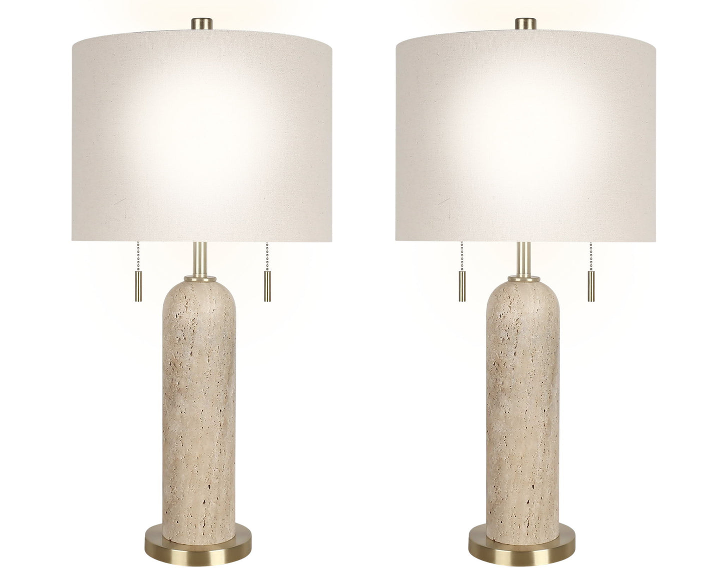 "Travertine Elegance" Travertine Table Lamp (Set of 2) - Travertine / Soft Gold