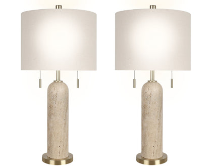 "Travertine Elegance" Travertine Table Lamp (Set of 2) - Travertine / Soft Gold