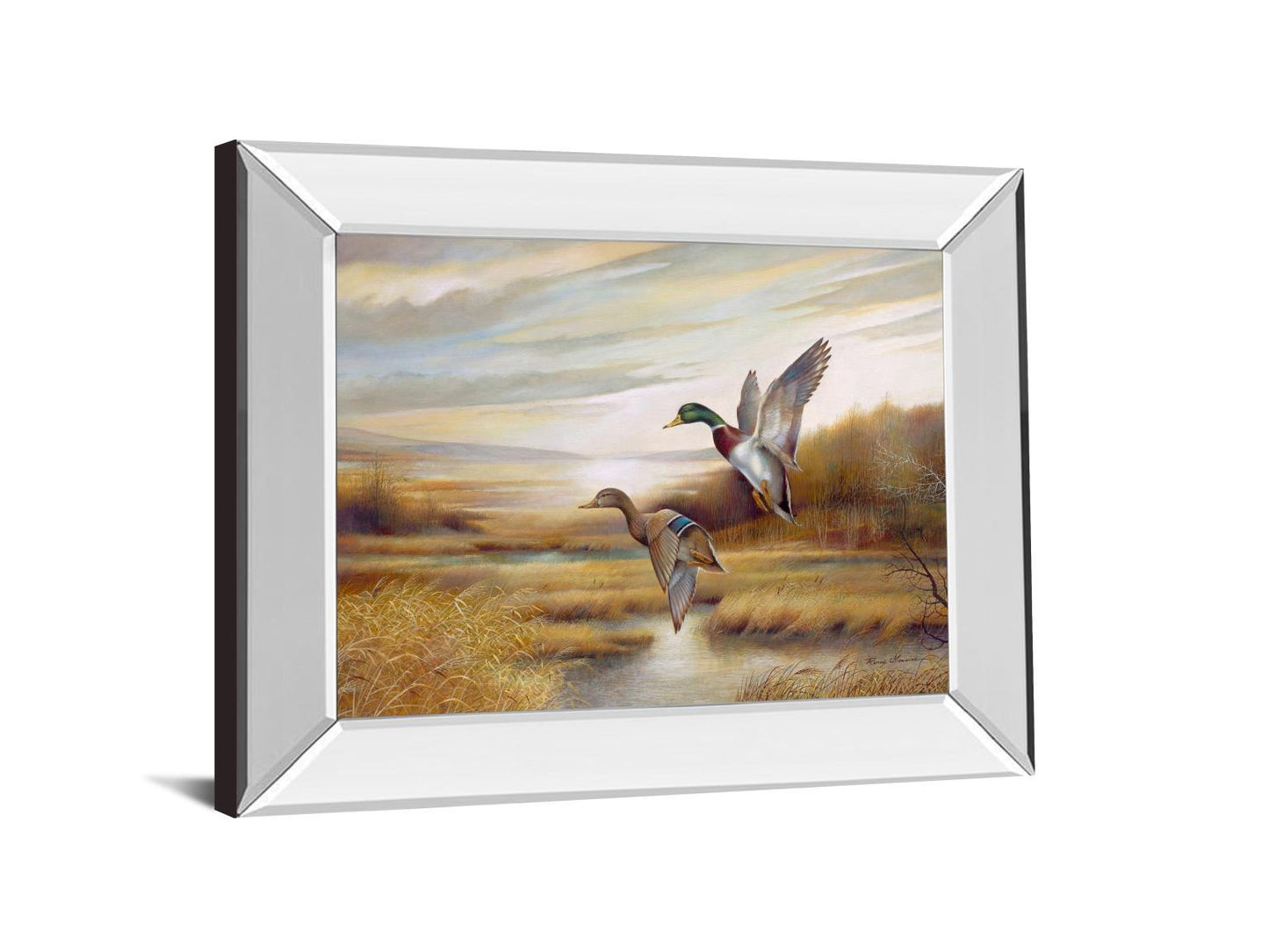 22x26 Mallards By Ruanne Manning And Mossy Oak Native Living - Mirror Framed Print Wall Art - Dark Brown