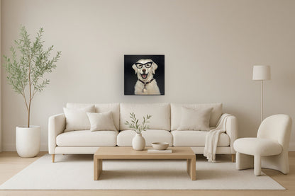 Cheerful Scholar Pup - 25" x 25" Framed Wall Art - Beige
