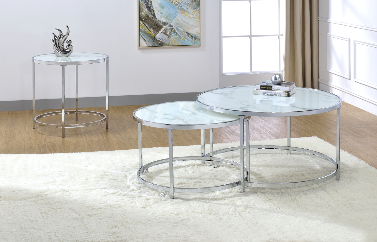 Rayne - Faux Marble Top Round End - White